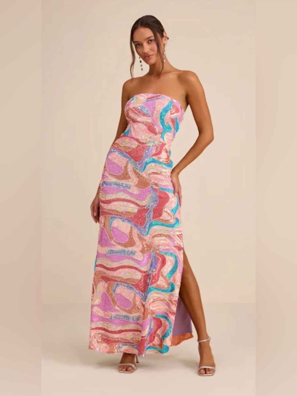Lulus Kera Pink Multi Sequin Strapless Maxi Dress - Size S